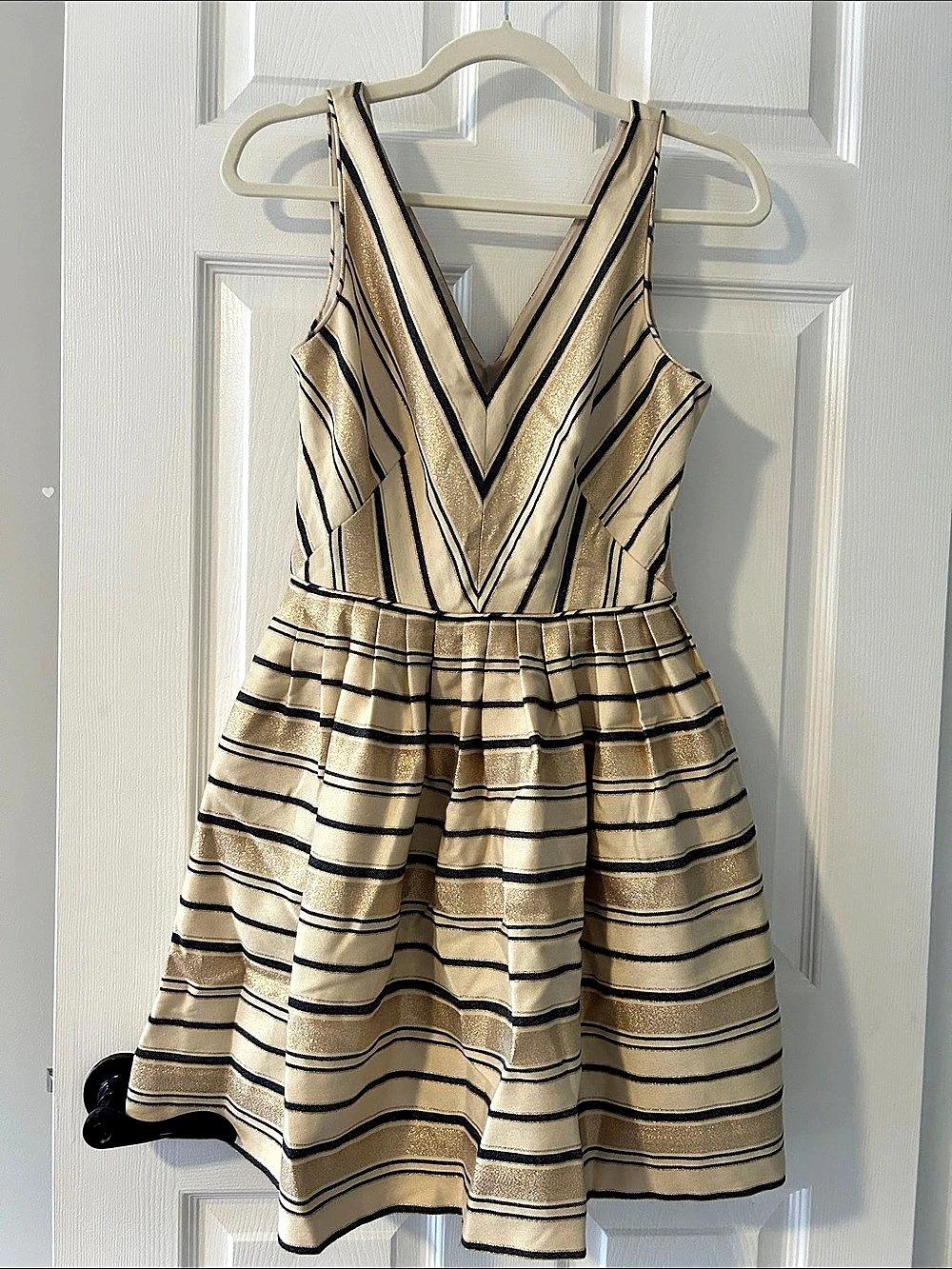 J.Crew Metallic Stripe Fit and Flare Dress Cream & Navy Size 0 Like New